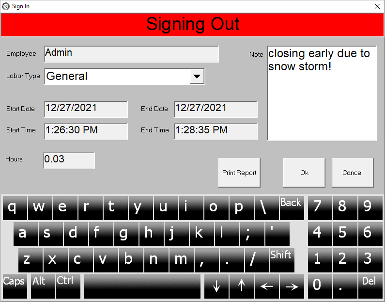 Time Clock Sign-Out screen